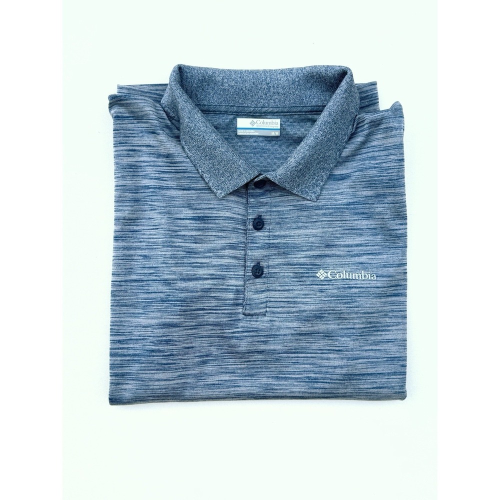 Columbia Men's Blue Heathered Polo Shirt Short Sleeve Collared Logo Medium Work